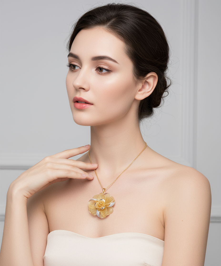 Two-tone mesh flower pendant necklace on model