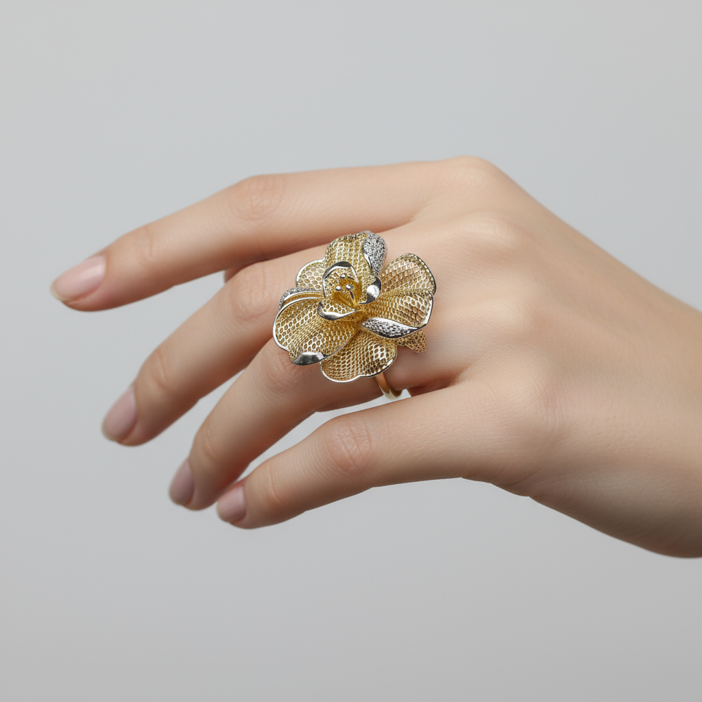 Two-tone mesh flower ring on model's finger - smaller size
