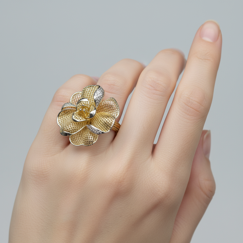 Two-tone mesh flower ring with mesh band on model's finger