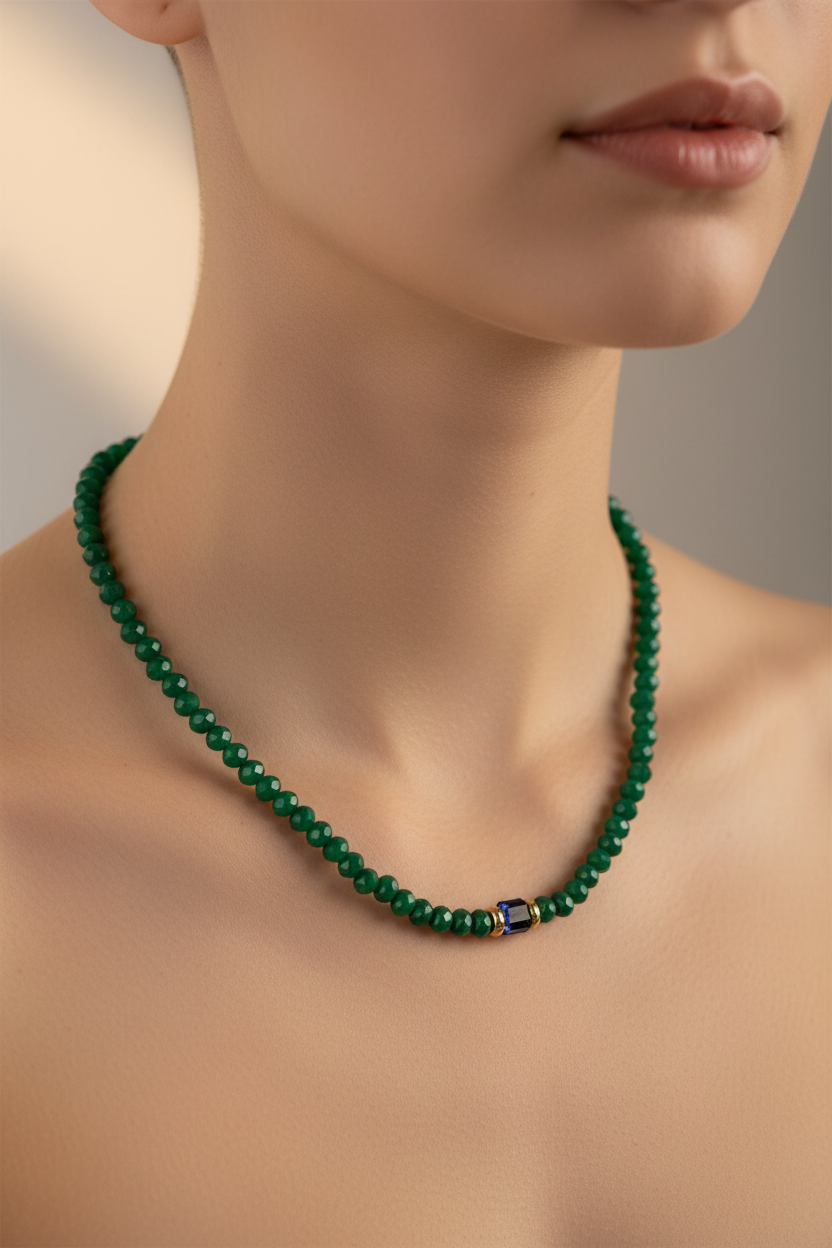 Vibrant emerald green beaded necklace on model