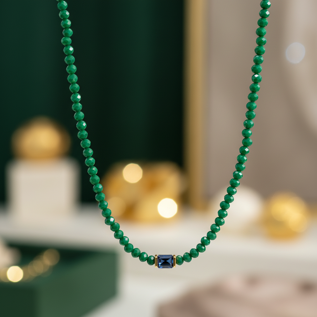 Vibrant emerald green beaded necklace with elegant background