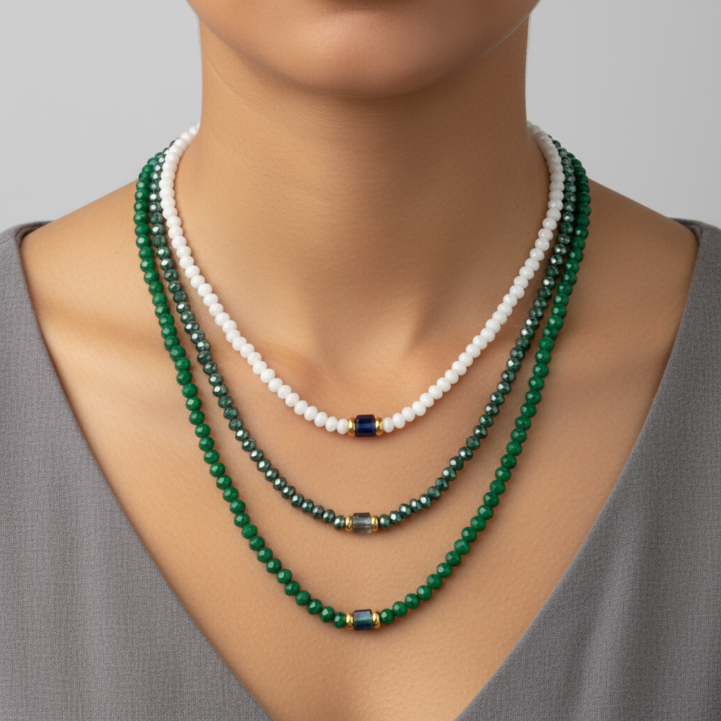 White and green beaded necklaces layered on model