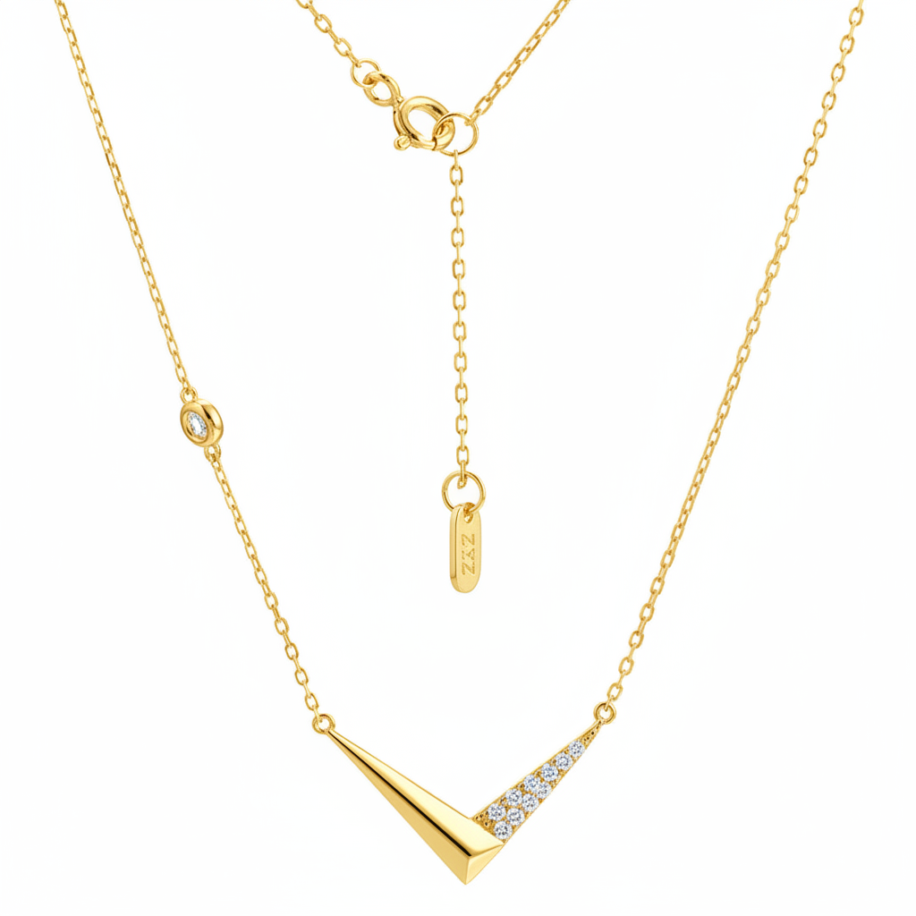 Yellow gold chevron V necklace with diamonds