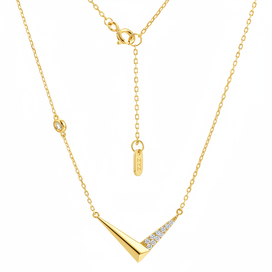 Yellow gold chevron V necklace with diamonds