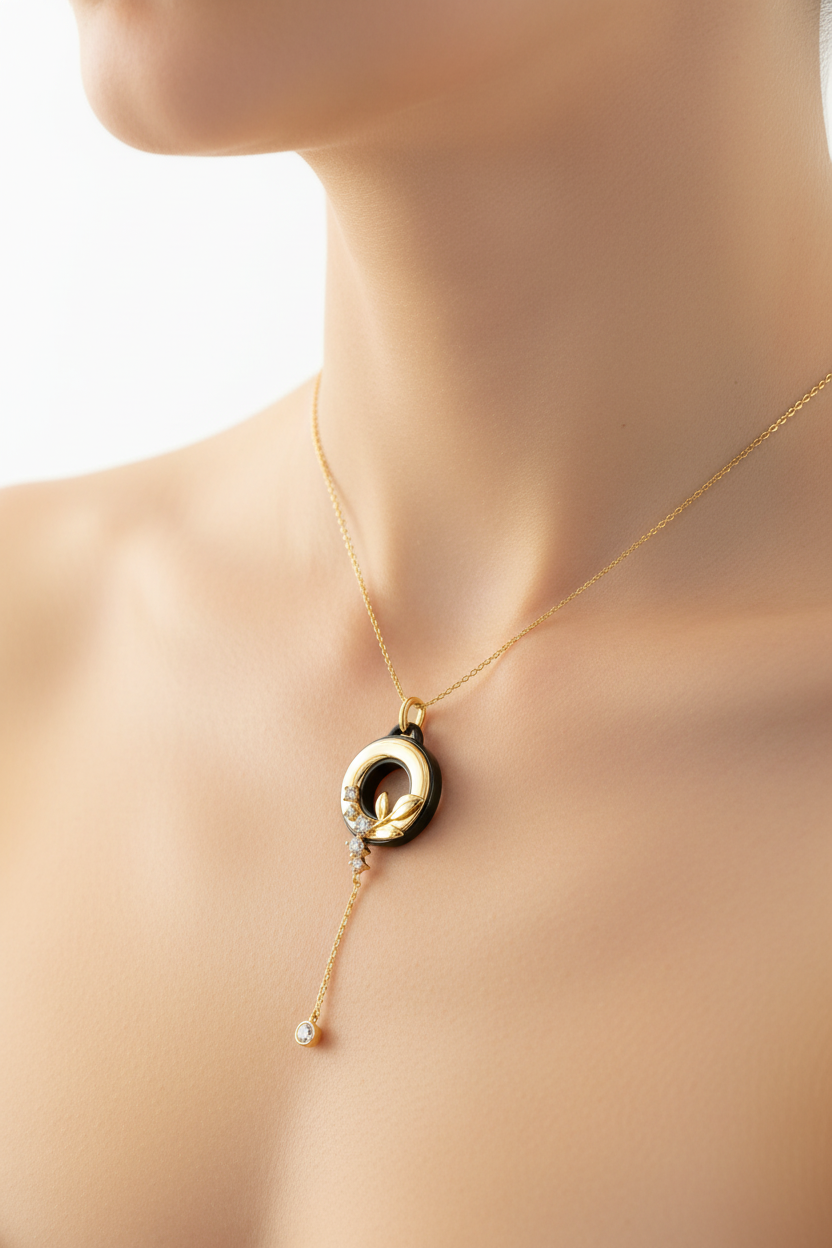 Yellow gold floral pendant necklace worn on neck